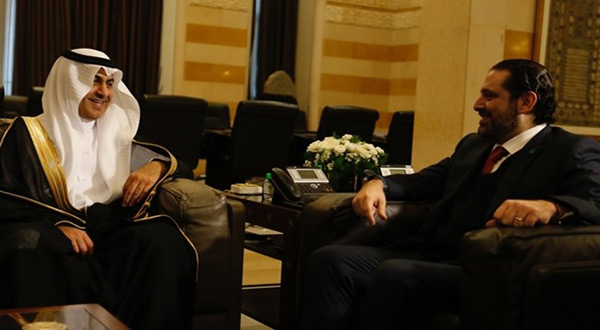 Prime Minister Saad Hariri during a meeting with Saudi envoy Nizar al-Aloula
